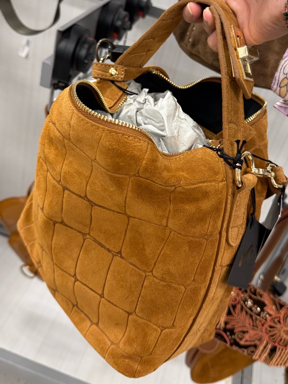 CLAUDIA made in italy suede embossed folded handle satchel Croc